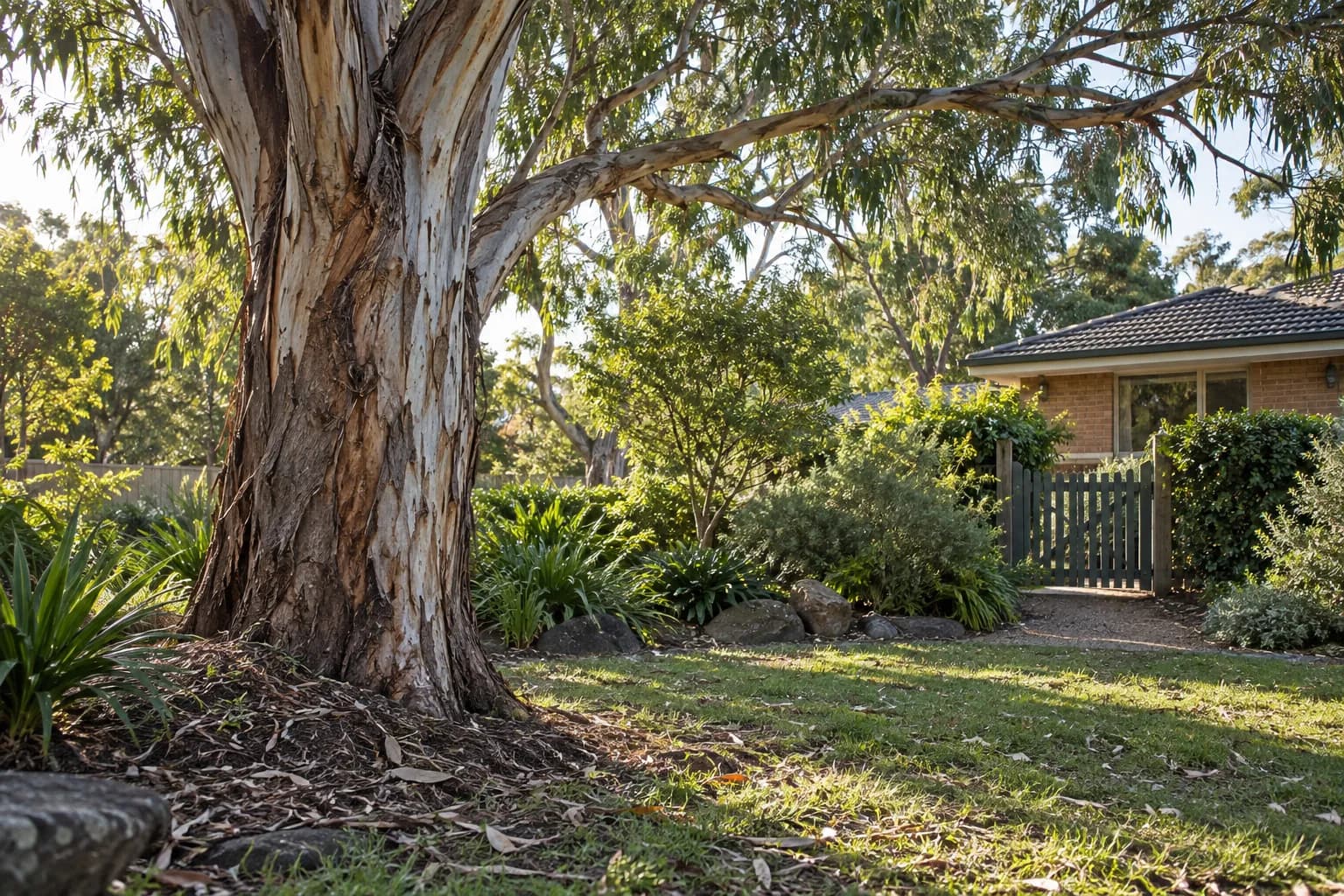 Mature tree canopy framing a quiet garden and brick home, daylight, no climber or chainsaw